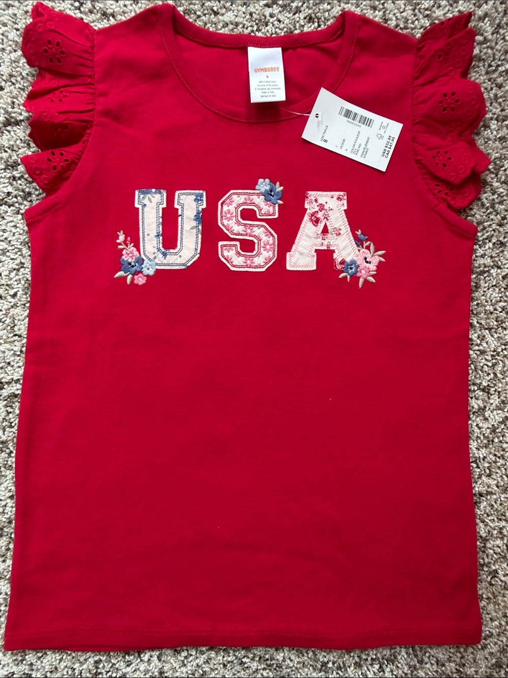 NWT Gymboree Red USA Floral Applique Tank with Eyelet Flutter Sleeves size 8